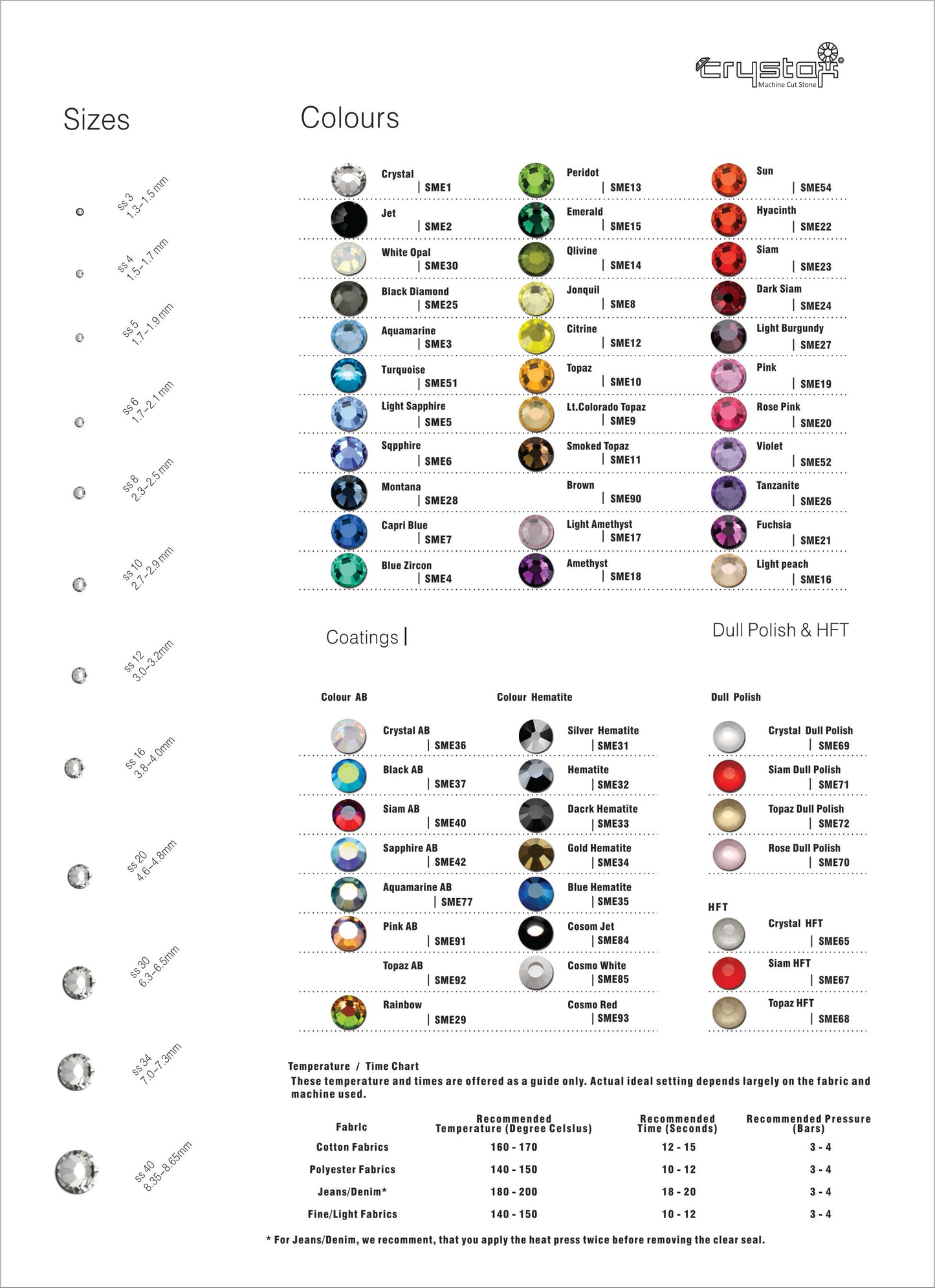 CrystAX Rhinestone Color & Size Chart