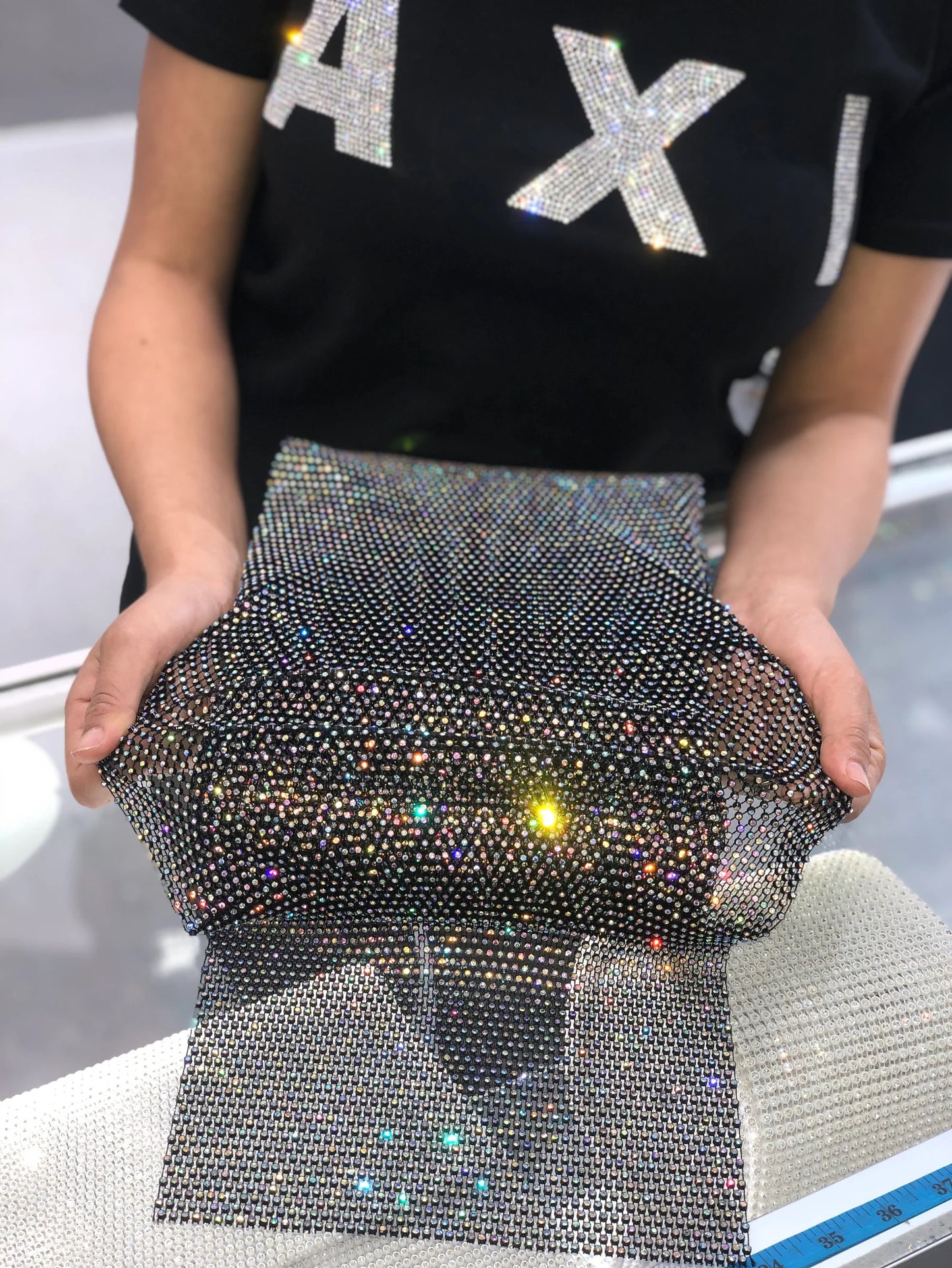 Black / Crystal AB Elastic Rhinestone X Fabric