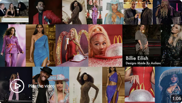 Load video: Model wearing dress decorated with Crystax Hotfix Rhinestones, highlighting Axiland&#39;s fashion design projects