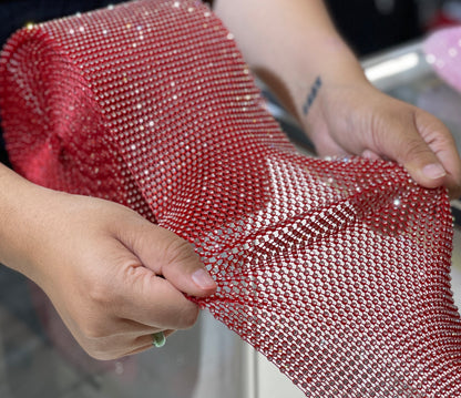 Red / Crystal Clear Elastic Rhinestone X Fabric