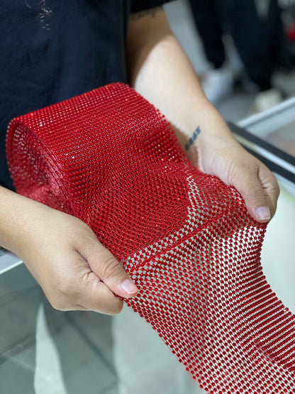 Red / Siam Elastic Rhinestone X Fabric