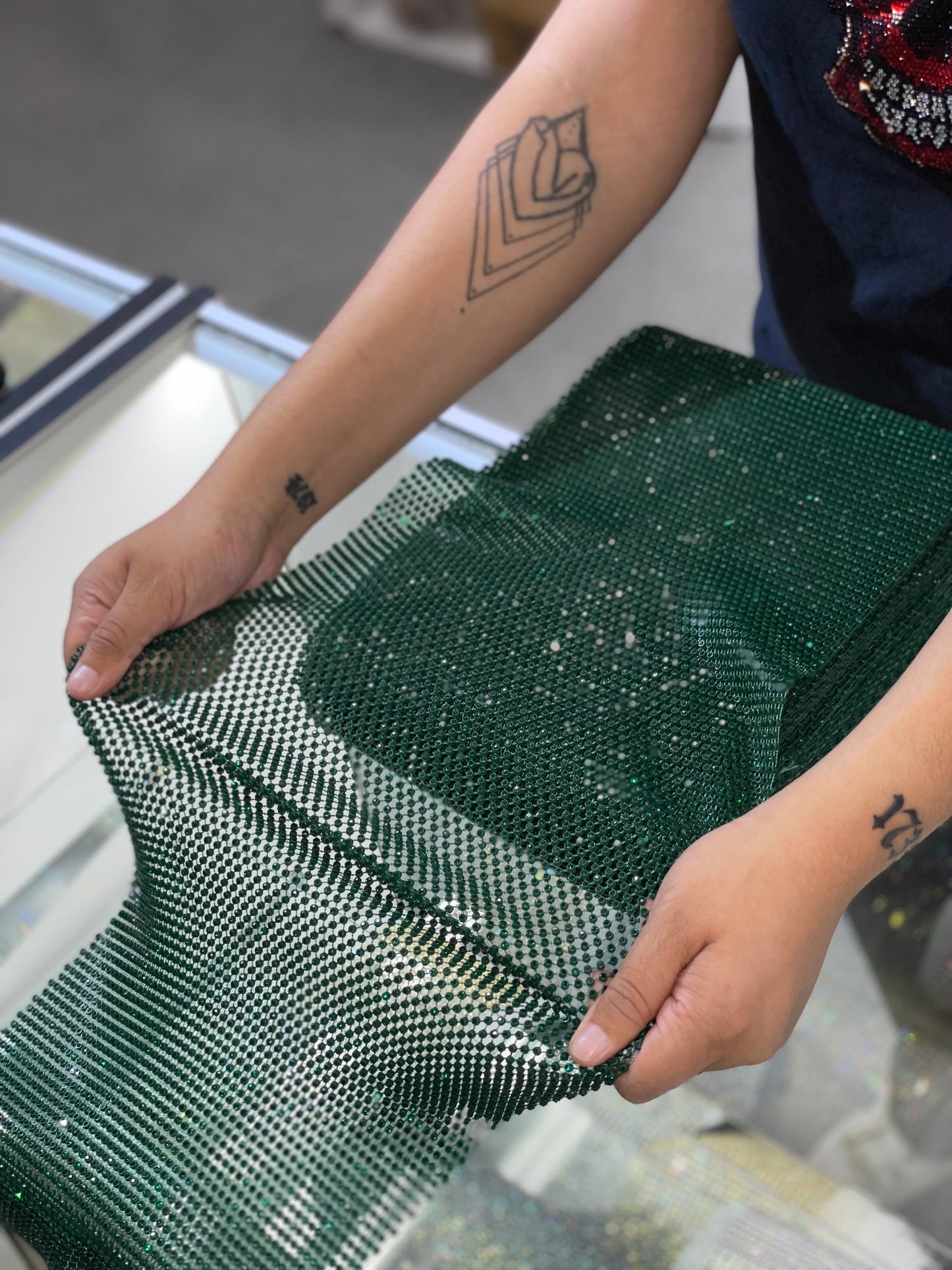 Green/Emerald Elastic Rhinestone X Fabric