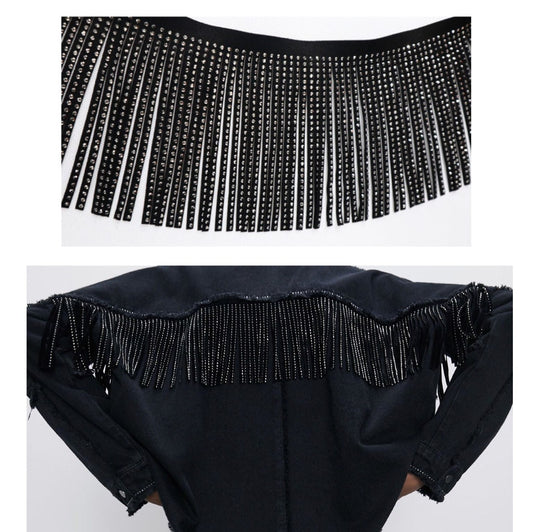 Suede Rhinestone Fringe 6 inches / Hematite - Silver Hematite crystals - Sew on DIY Jacket