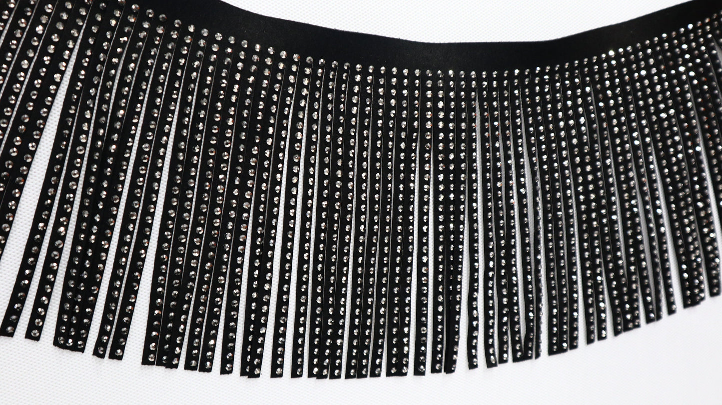 Suede Rhinestone Fringe 6 inches / Hematite - Silver Hematite crystals - Sew on DIY Jacket