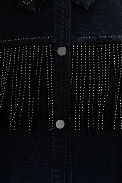 Suede Rhinestone Fringe 6 inches / Hematite - Silver Hematite crystals - Sew on DIY Jacket