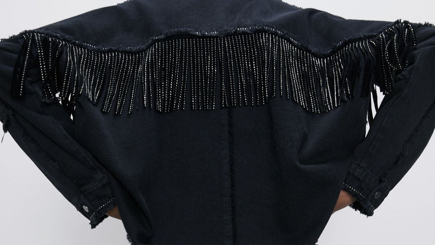 Suede Rhinestone Fringe 6 inches / Hematite - Silver Hematite crystals - Sew on DIY Jacket