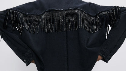 Suede Rhinestone Fringe 6 inches / Hematite - Silver Hematite crystals - Sew on DIY Jacket