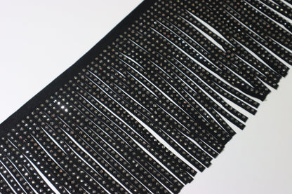 Suede Rhinestone Fringe 6 inches / Hematite - Silver Hematite crystals - Sew on DIY Jacket